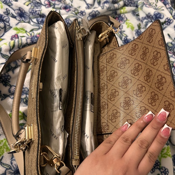 GUESS Tan and Gold Satchel Bag